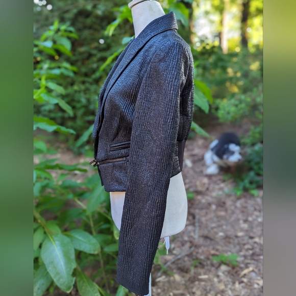 BCBG Crop Blazer puffed 3D shimmery fabric fun side zippers - Picture 4 of 13